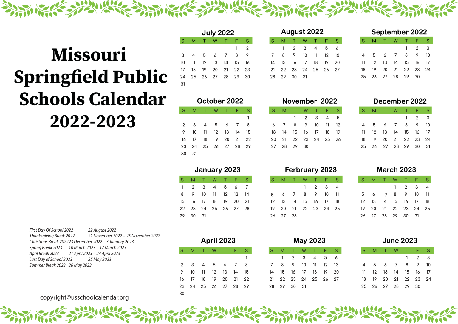 Missouri Springfield Public Schools Calendar 20222023