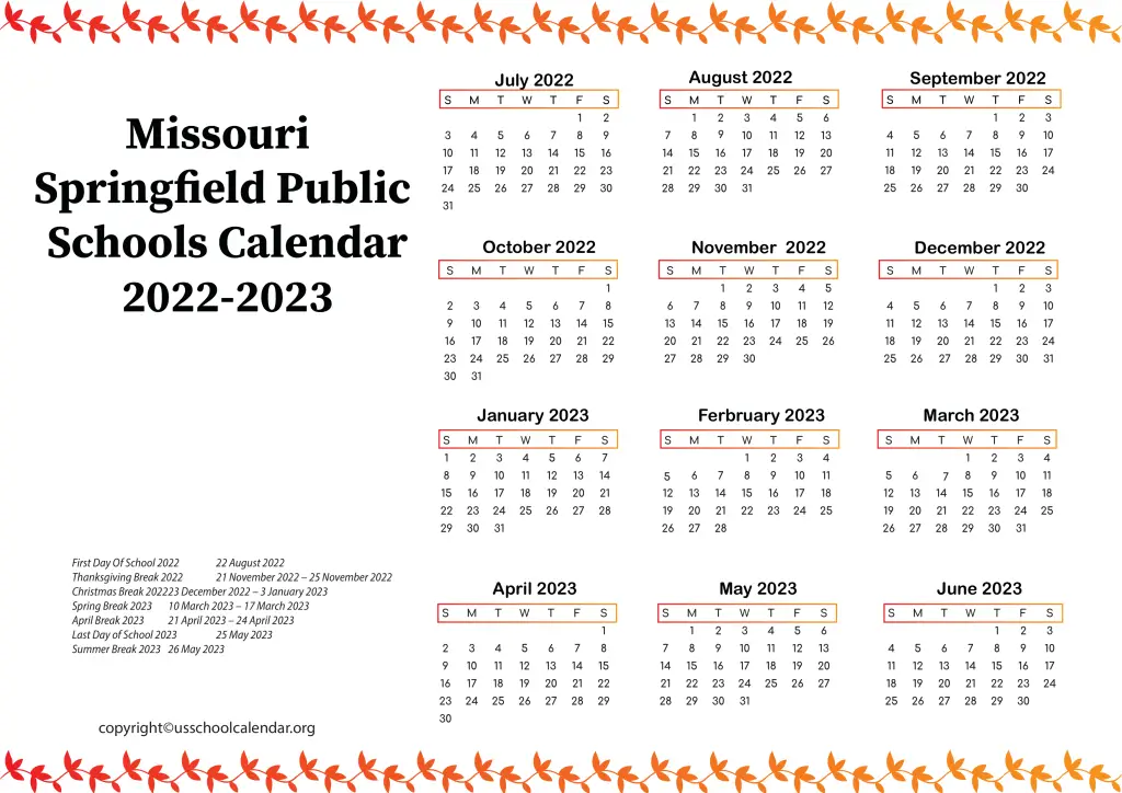 Missouri Springfield Public Schools Calendar 2022-2023 2