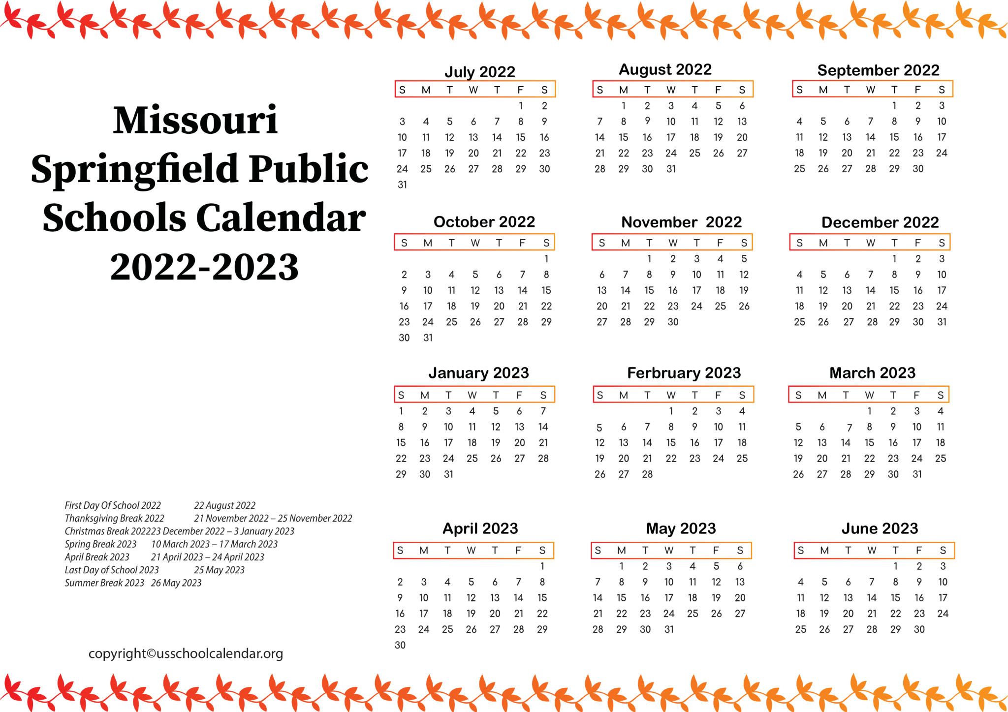 Missouri Springfield Public Schools Calendar 20222023