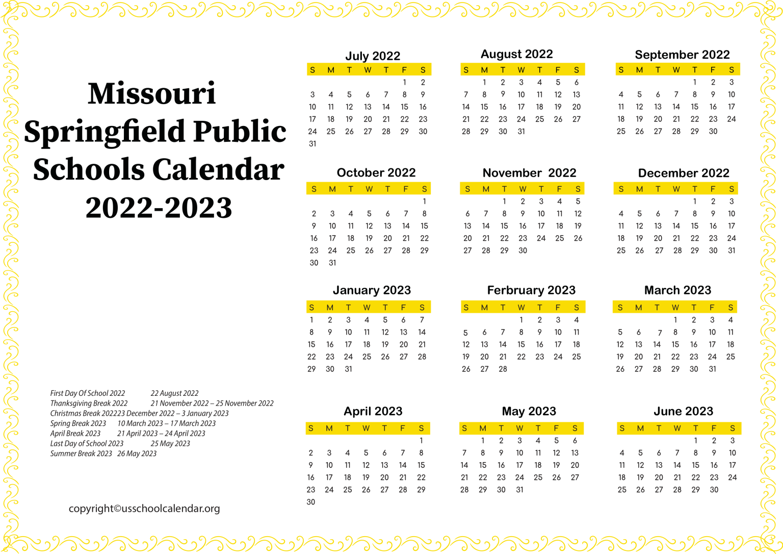 Missouri Springfield Public Schools Calendar 20222023