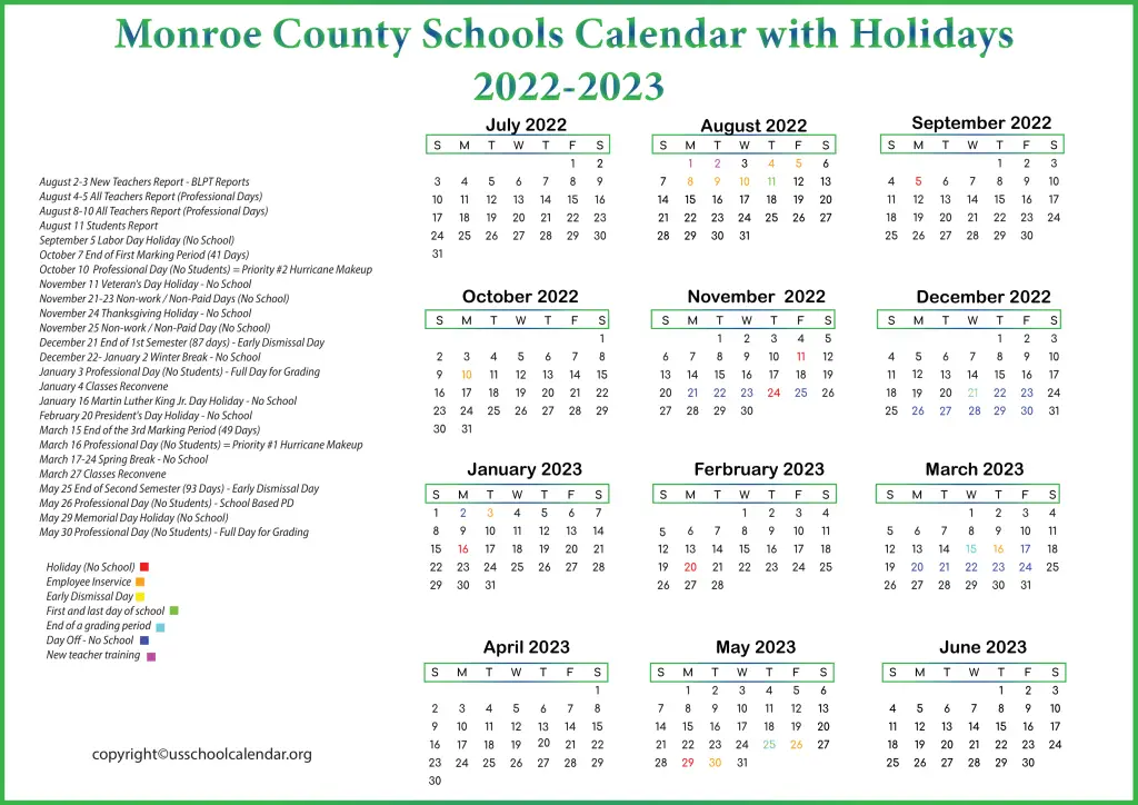 Monroe County Schools Calendar with Holidays 2022-2023