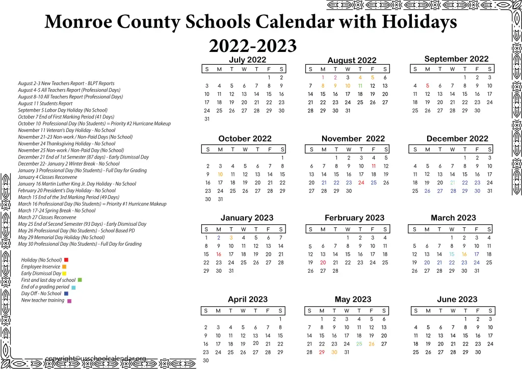 Monroe County Schools Calendar with Holidays 2022-2023 2