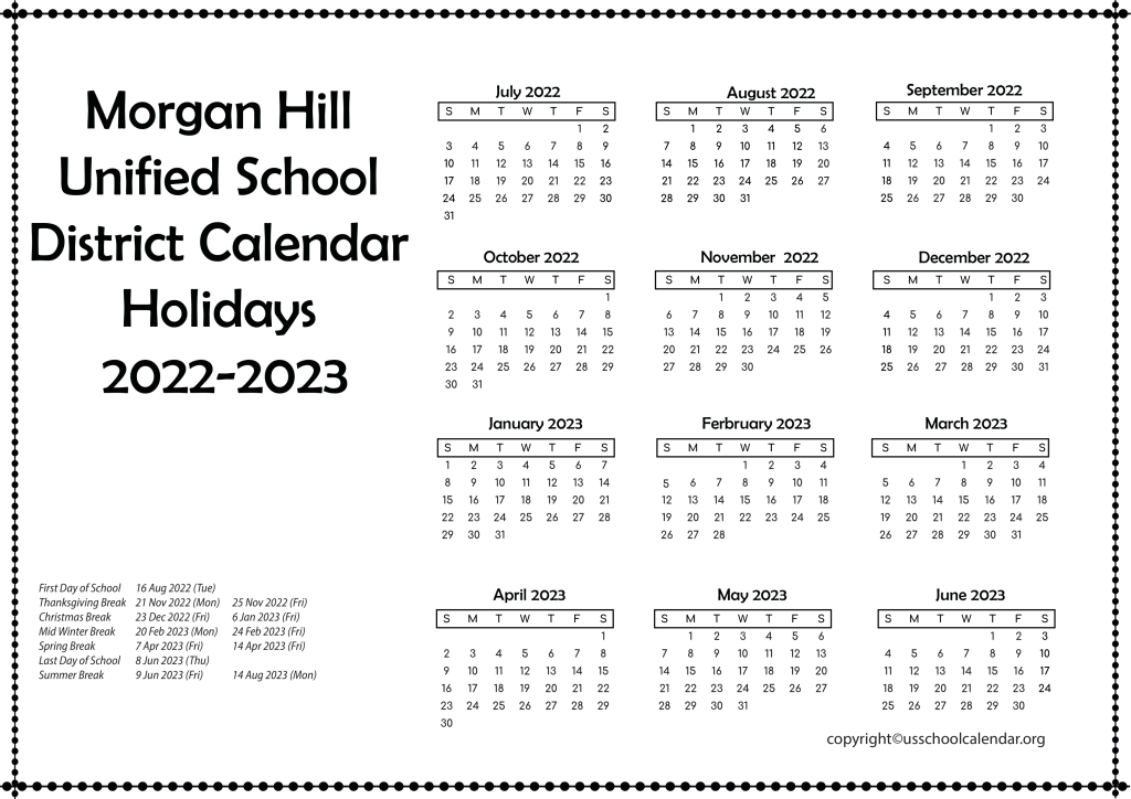 Morgan Hill Unified School District Calendar Holidays 2022-2023