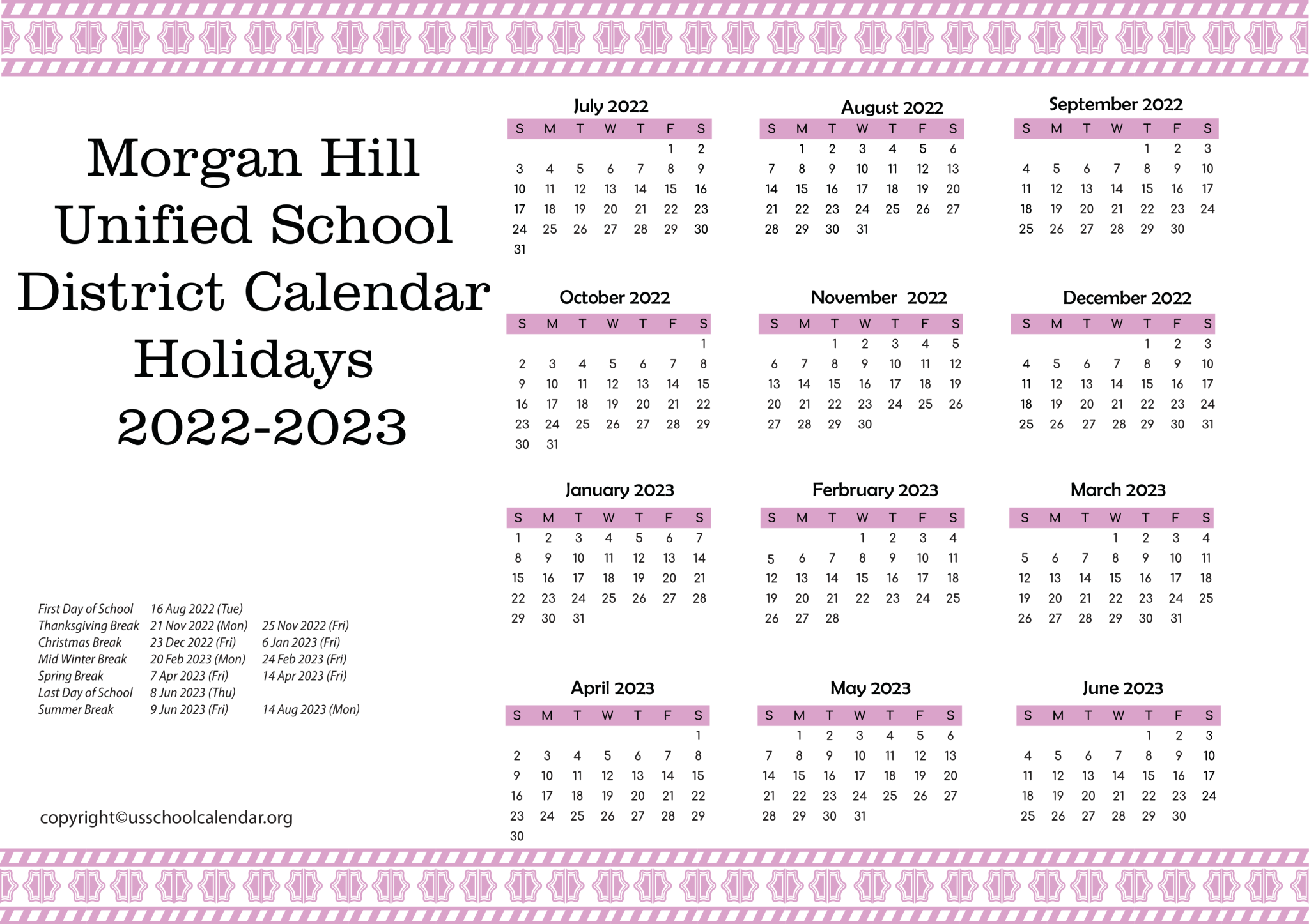 Hill Unified School District Calendar Holidays 20222023