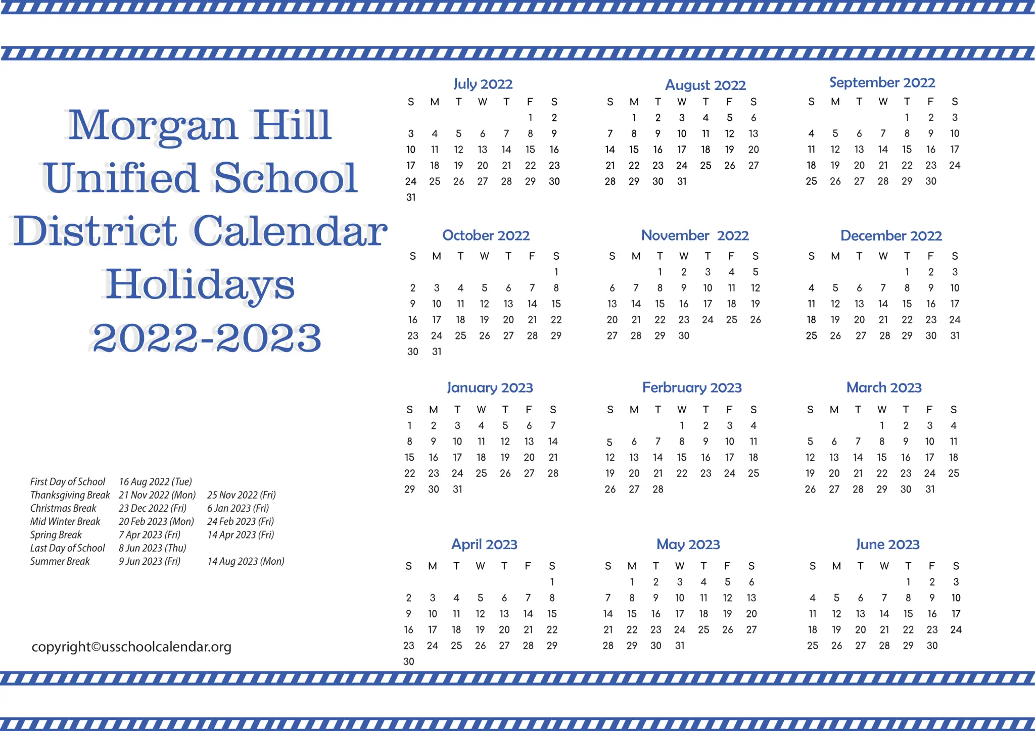 Hill Unified School District Calendar Holidays 20222023
