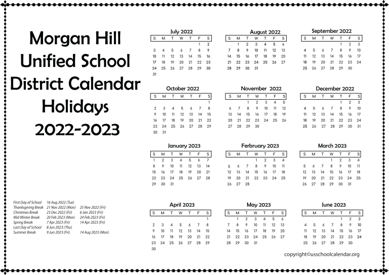 Hill Unified School District Calendar Holidays 20222023