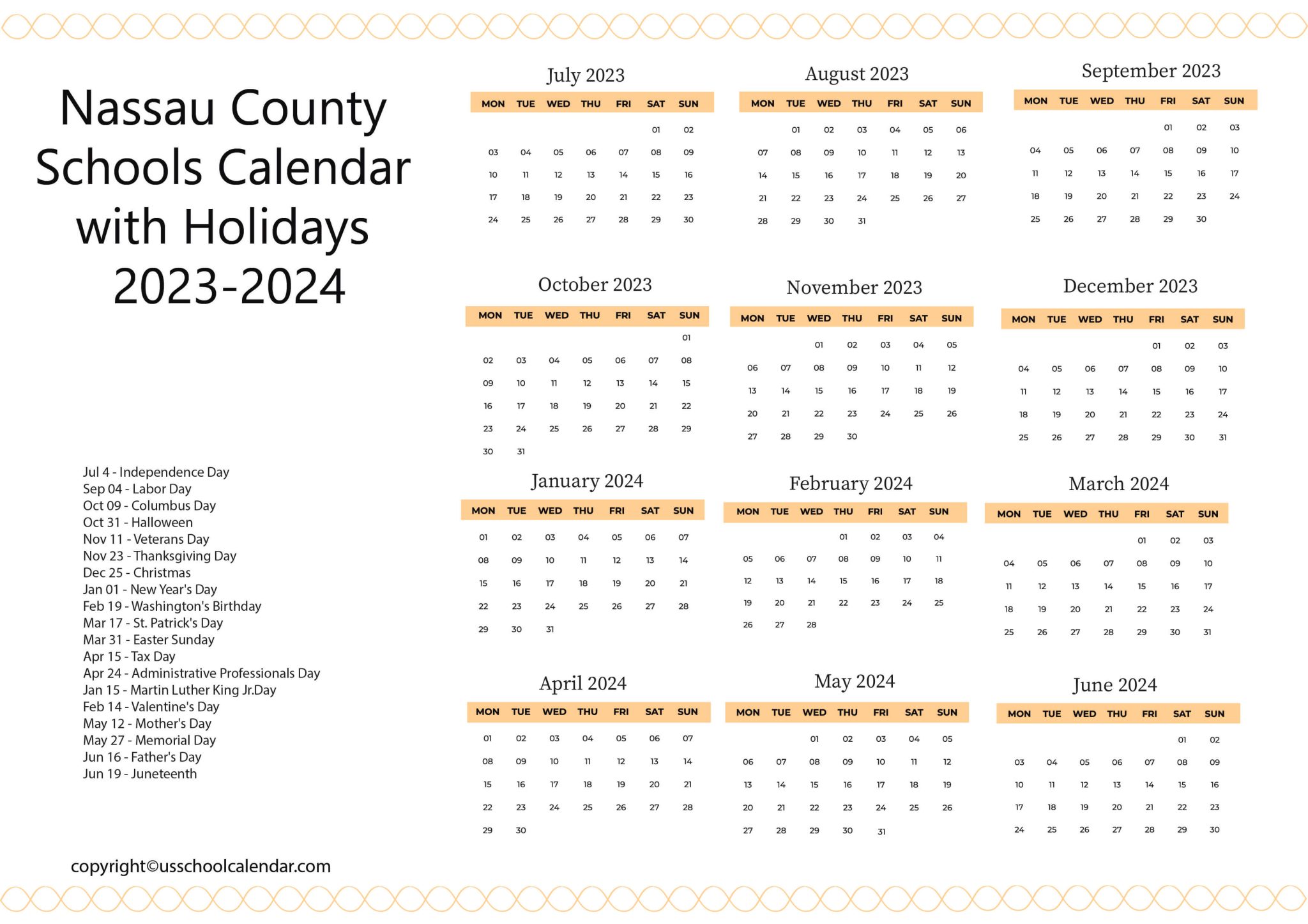 Nassau County Schools Calendar with Holidays 20232024