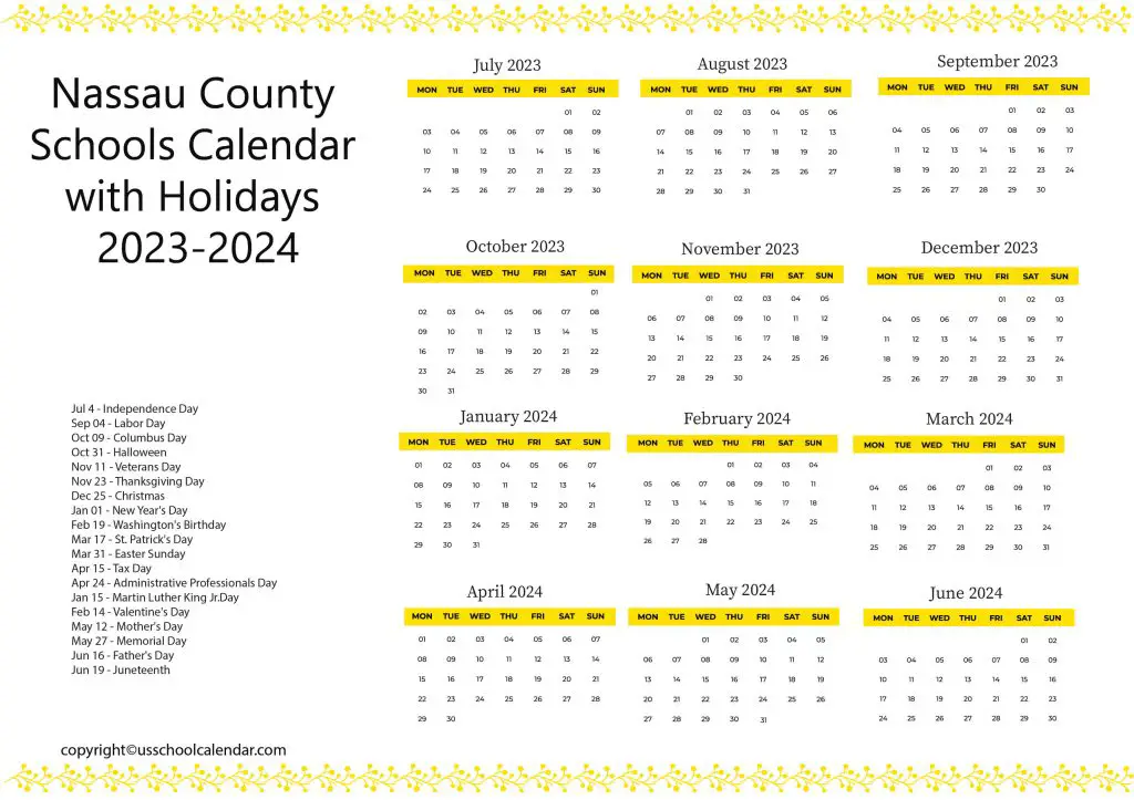Nassau County School District Calendar