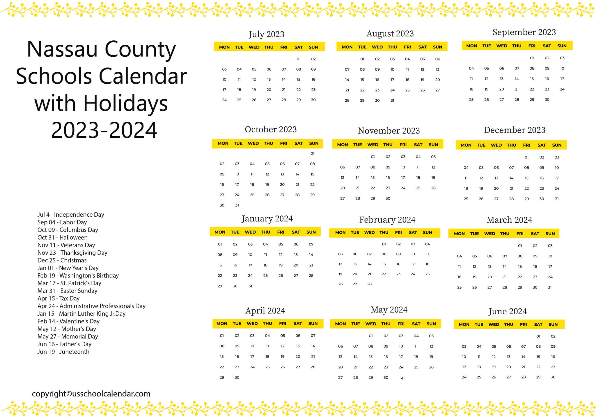 Nassau County Schools Calendar with Holidays 20232024