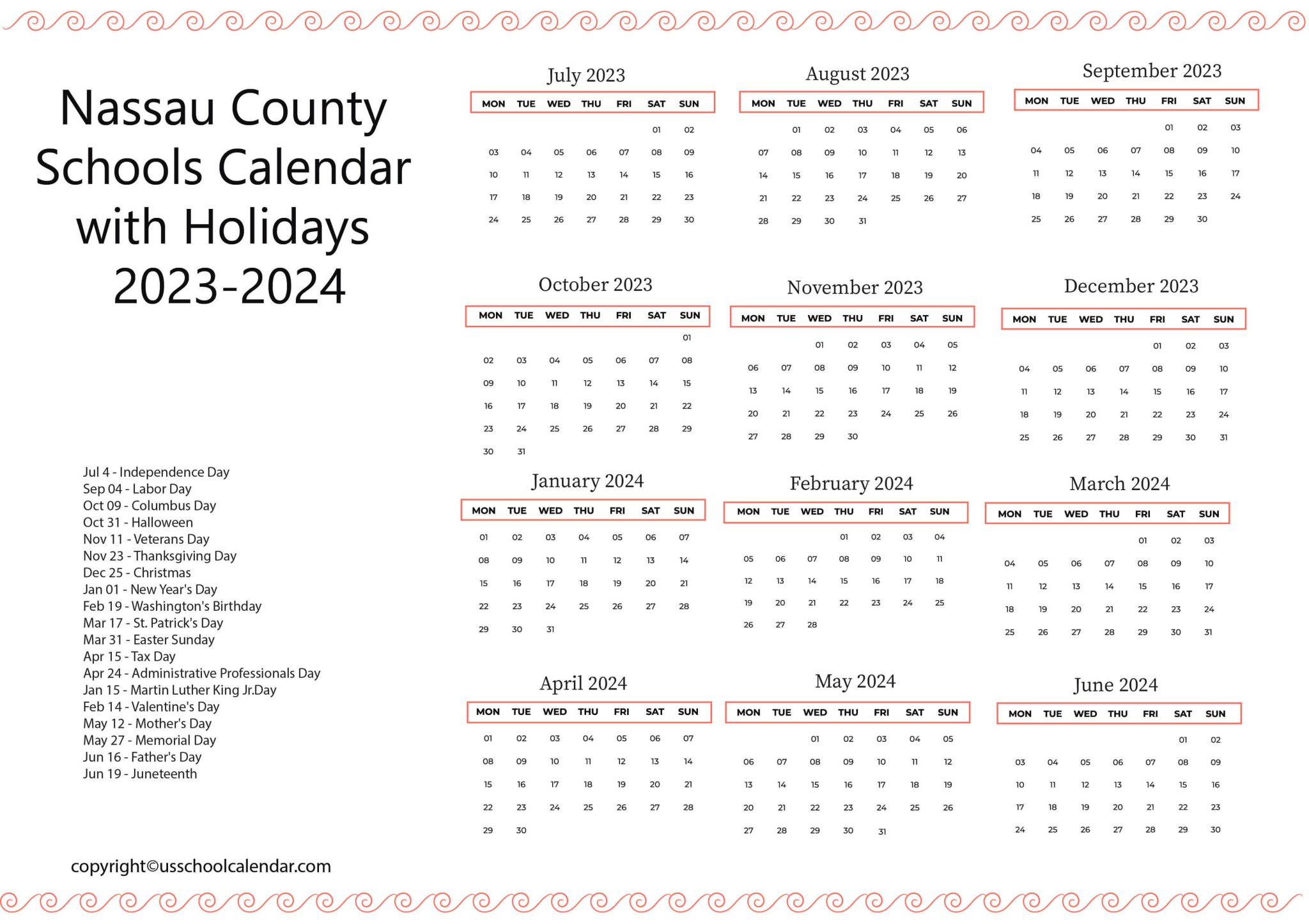 Nassau County Schools Calendar with Holidays 20232024