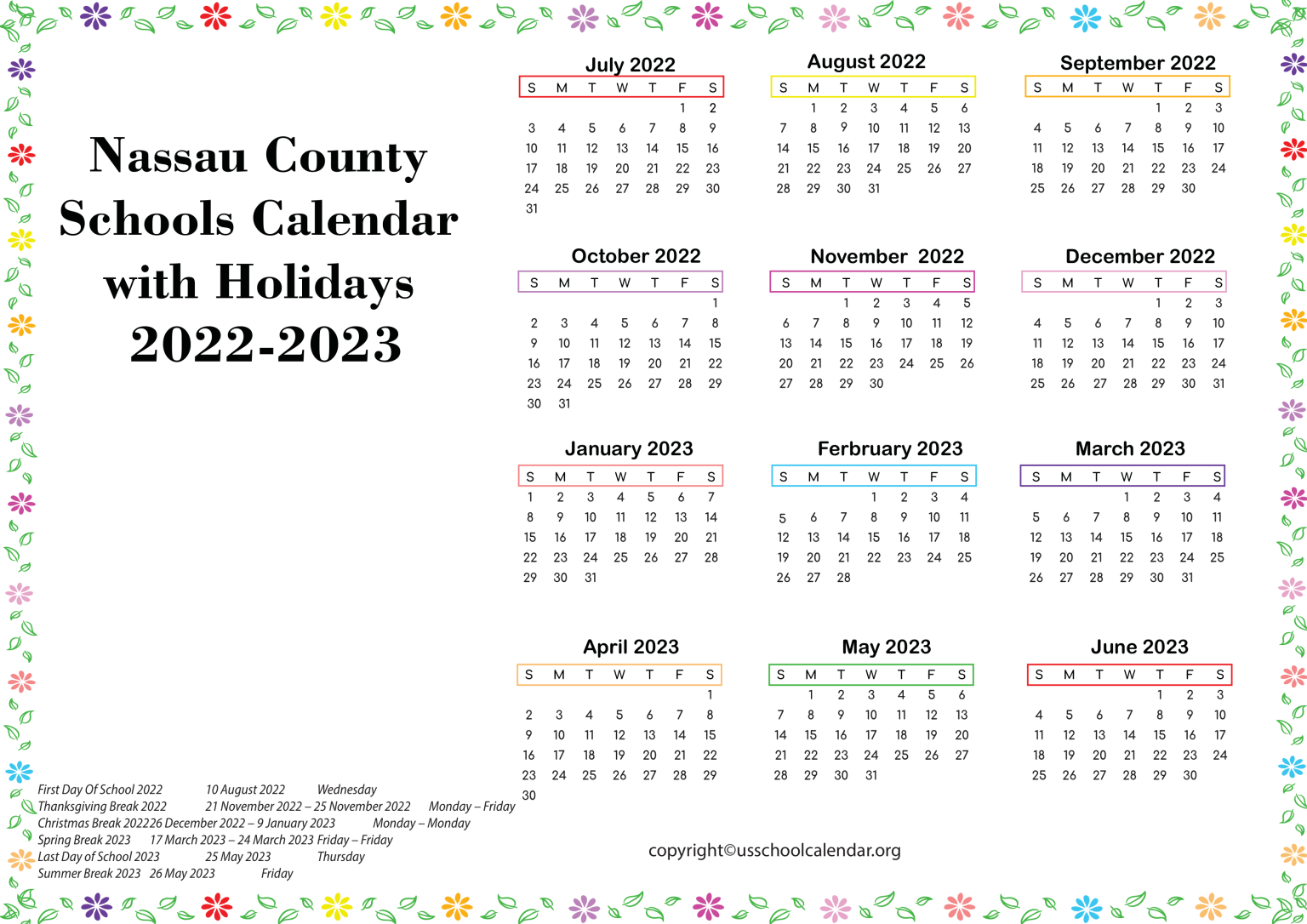 Nassau County Schools Calendar with Holidays 20222023