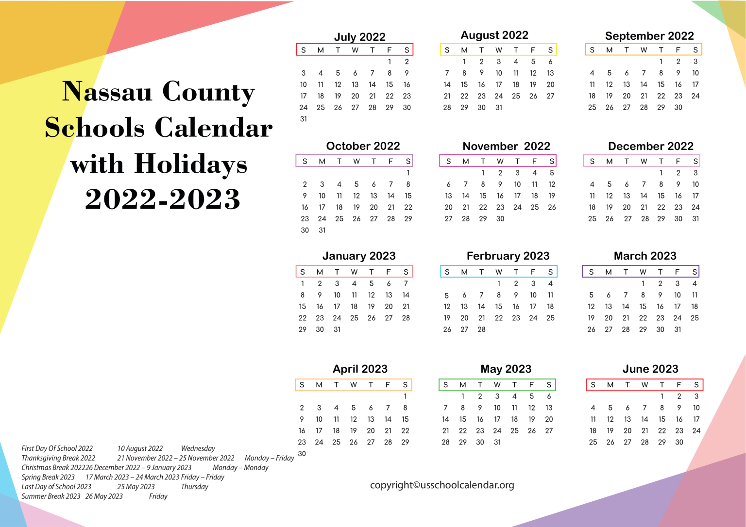 Nassau County Schools Calendar with Holidays 2022-2023