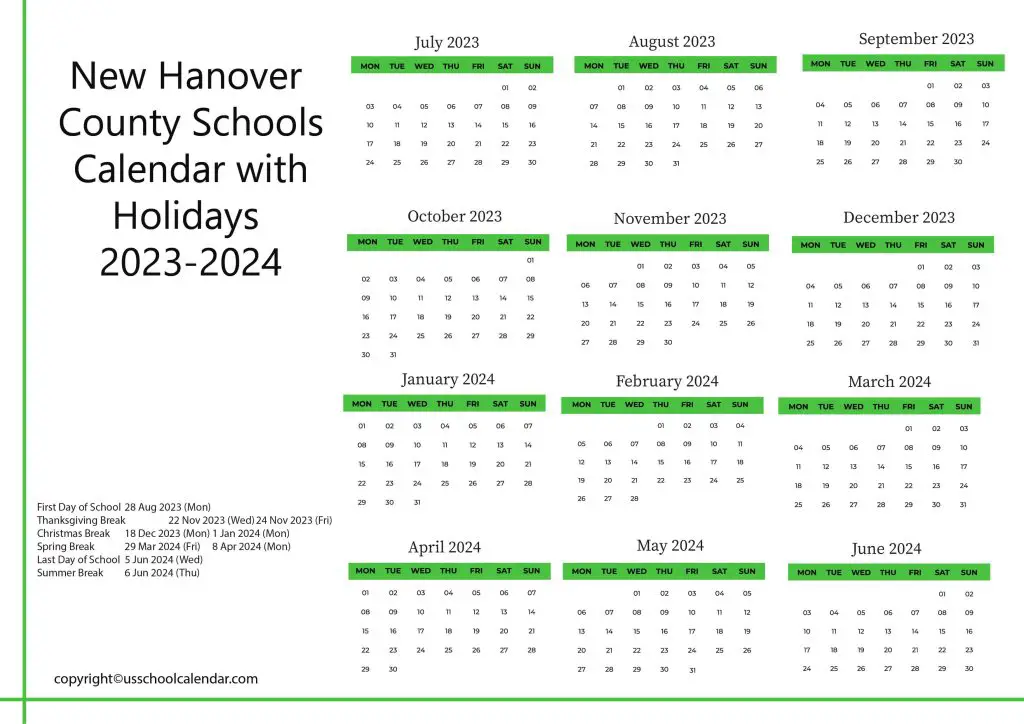 New Hanover County Schools Calendar with Holidays 2023 2024