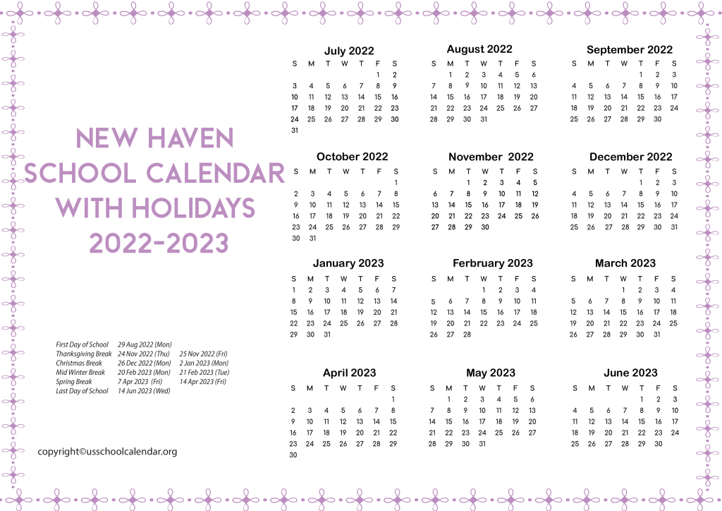 New Haven School Calendar with Holidays 2022-2023