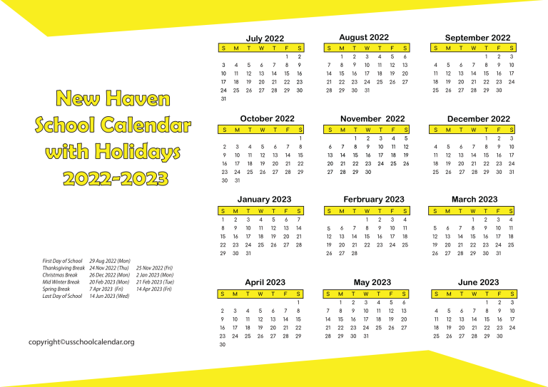 New Haven School Calendar with Holidays 20222023