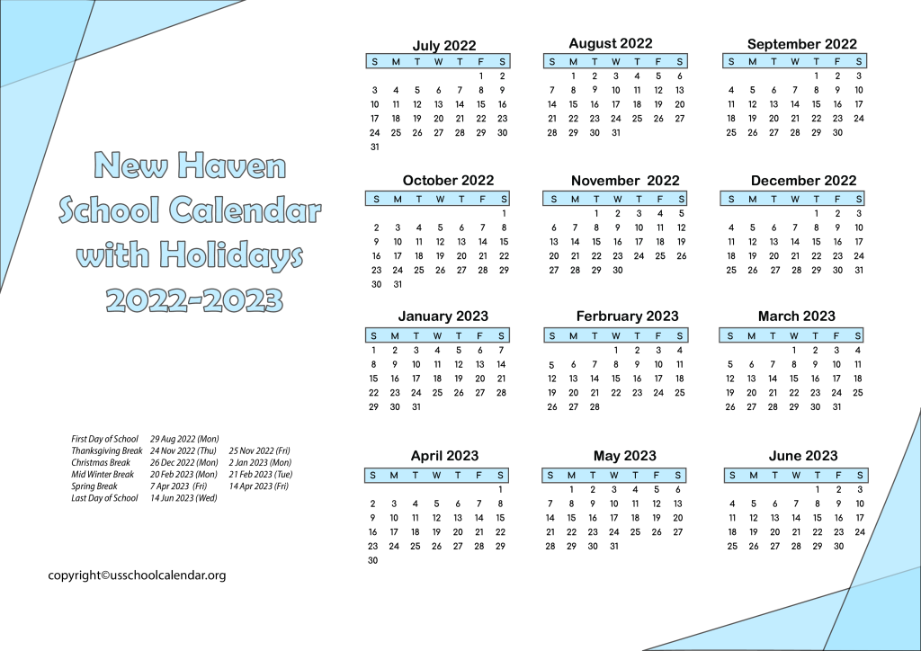 New Haven School Calendar with Holidays 2022-2023 3