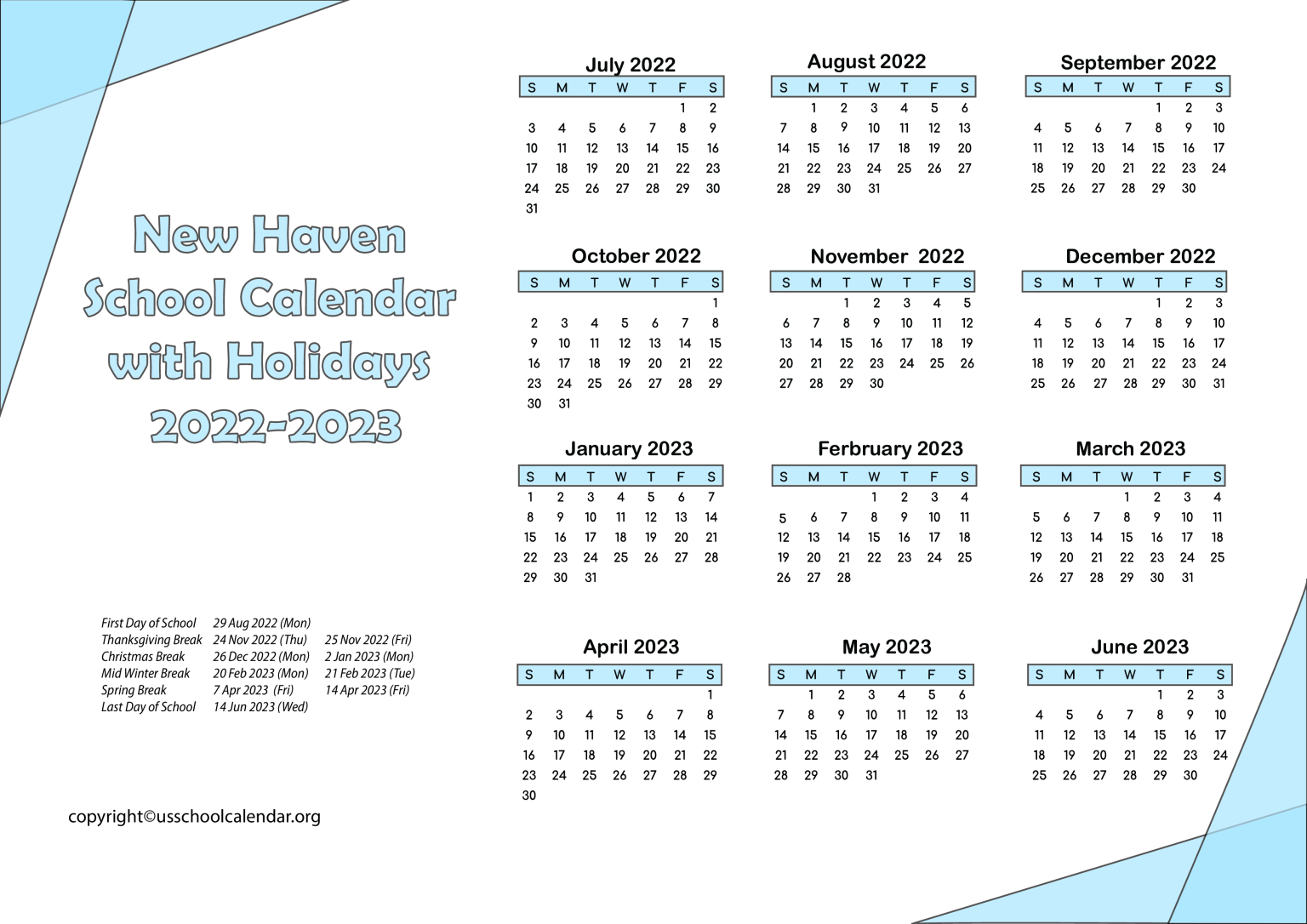 New Haven School Calendar with Holidays 20222023