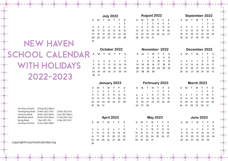 New Haven School Calendar with Holidays 2022 2023