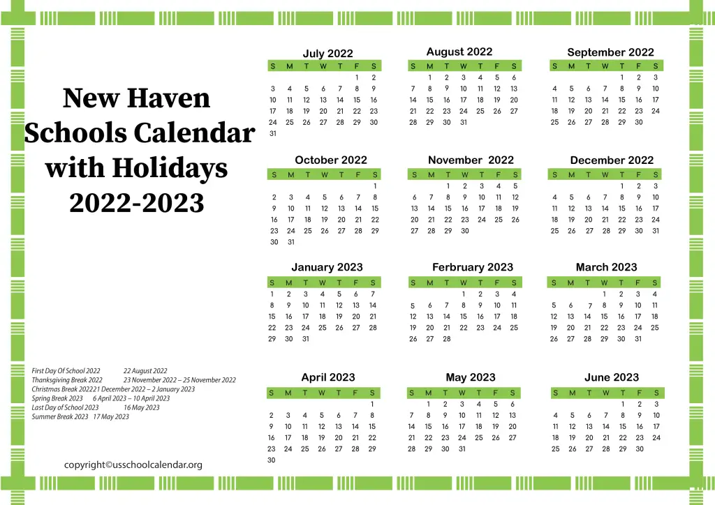 New Haven Schools Calendar with Holidays 2022-2023