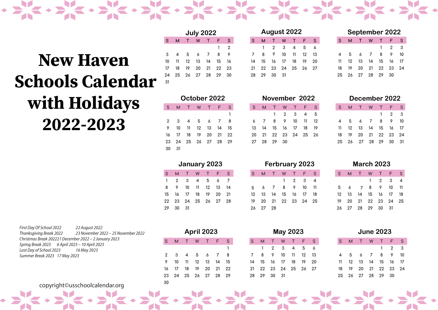 New Haven Schools Calendar with Holidays 20222023