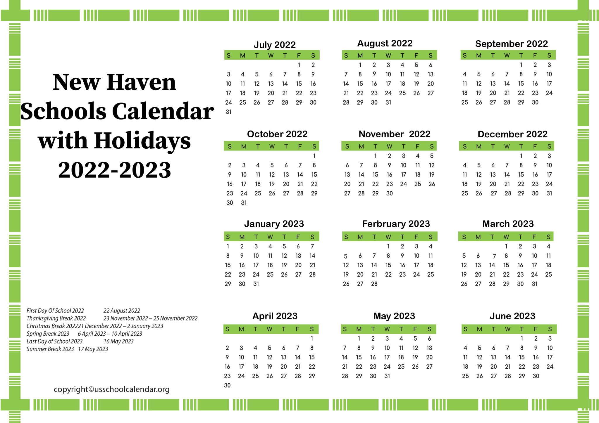 New Haven Schools Calendar with Holidays 20222023