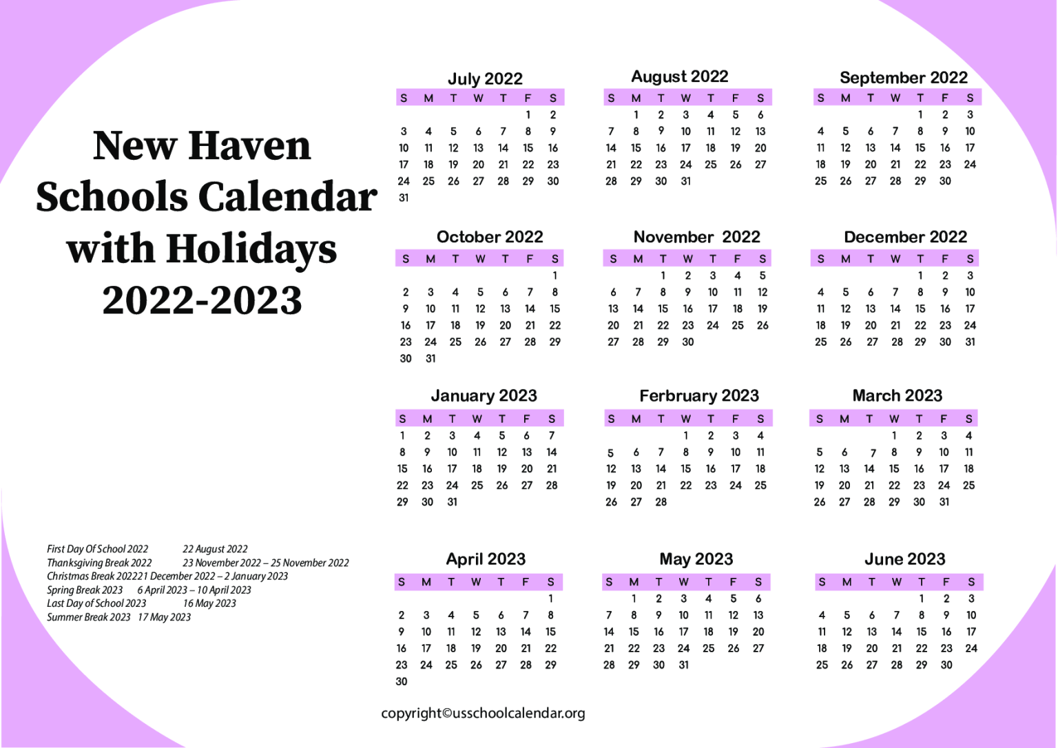 New Haven Schools Calendar with Holidays 20222023