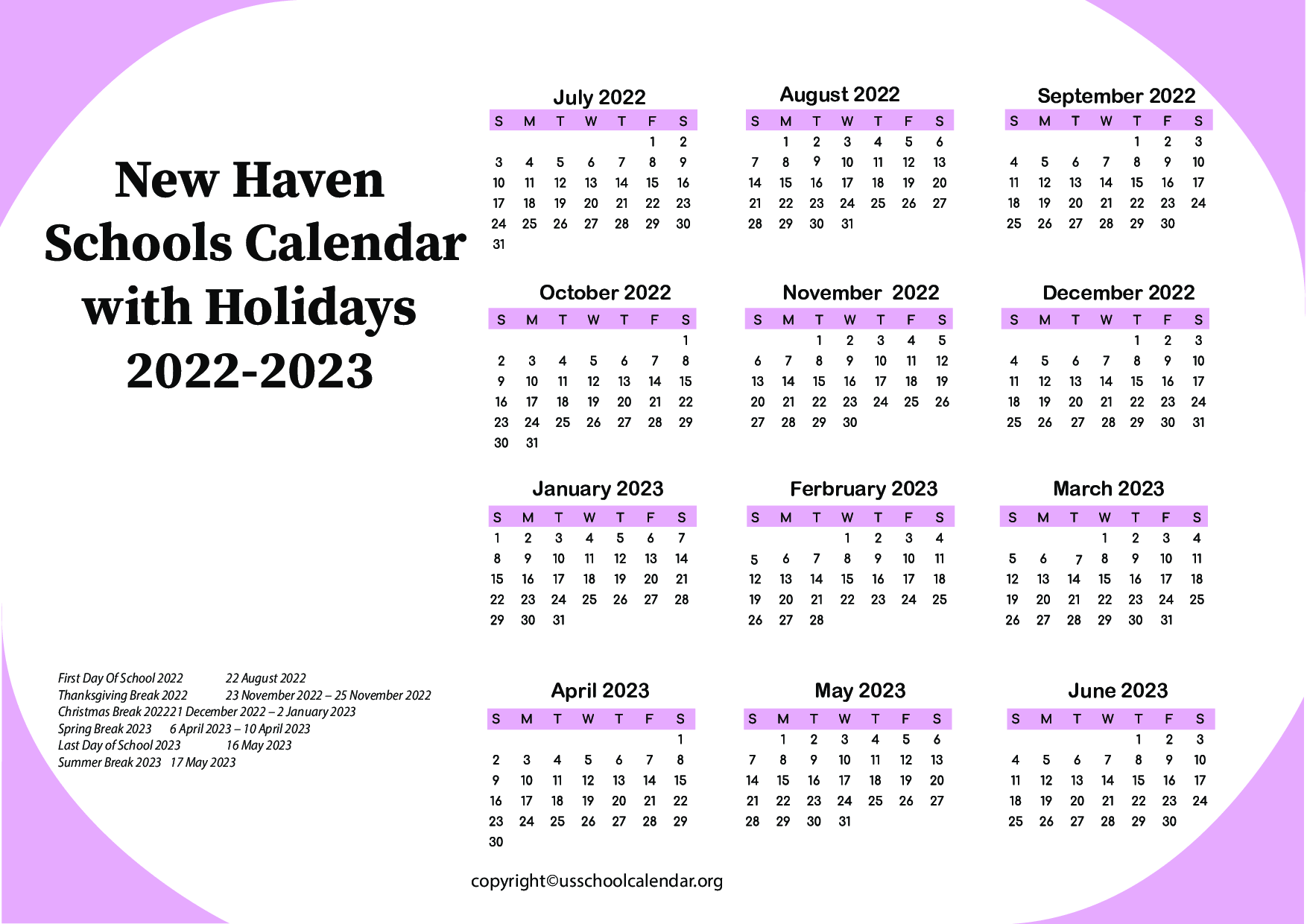New Haven Schools Calendar with Holidays 2022 2023