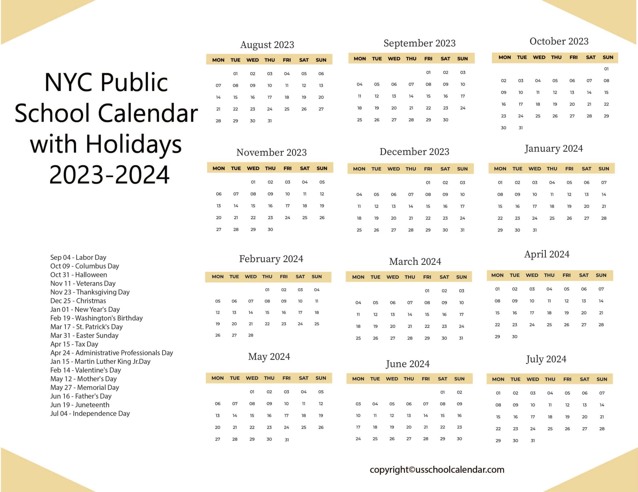 NYC Public School Calendar with Holidays 20232024