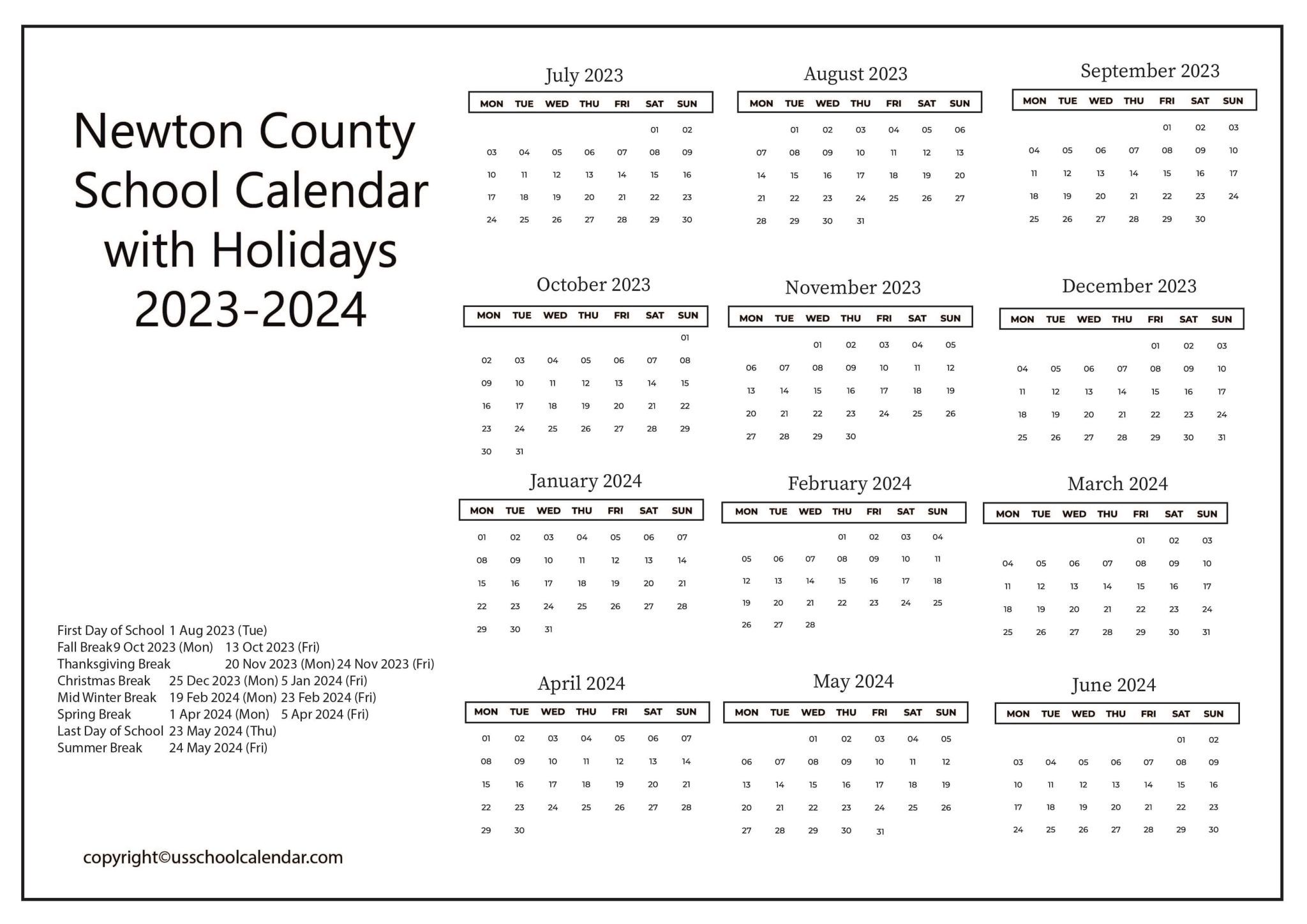 Newton County School Calendar with Holidays 20232024
