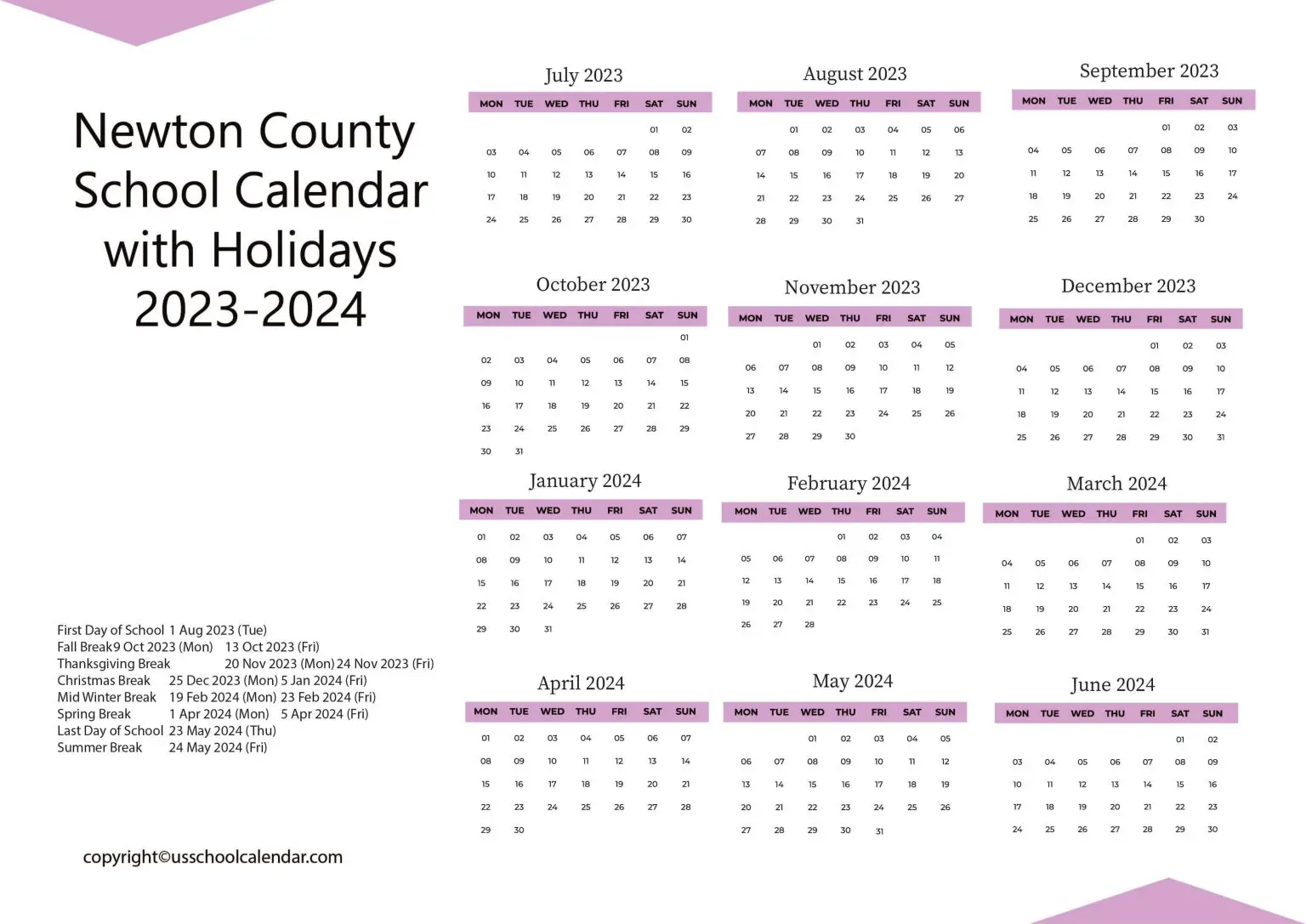Newton County School Calendar with Holidays 20232024