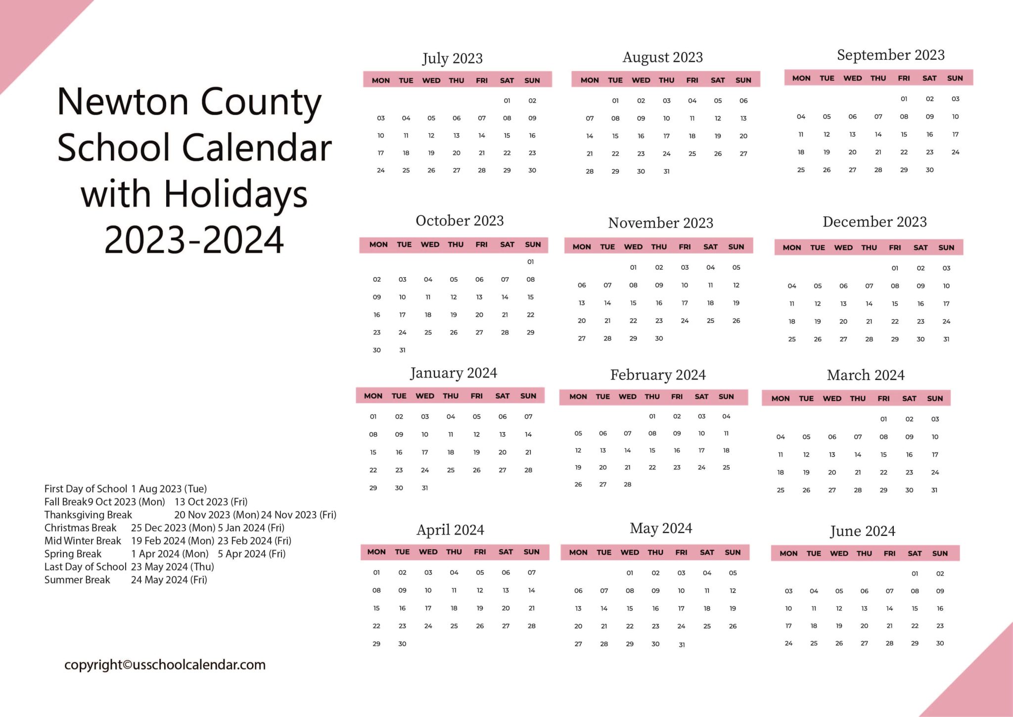 Newton County School Calendar with Holidays 20232024