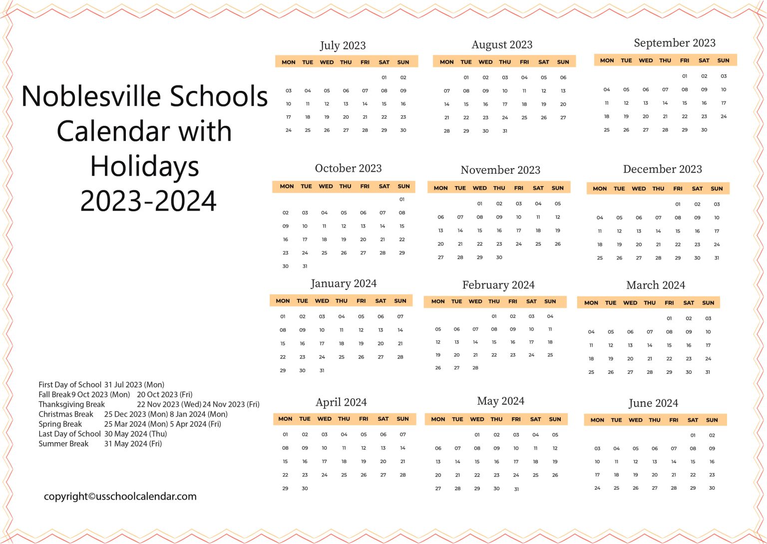 Noblesville Schools Calendar with Holidays 2023 2024
