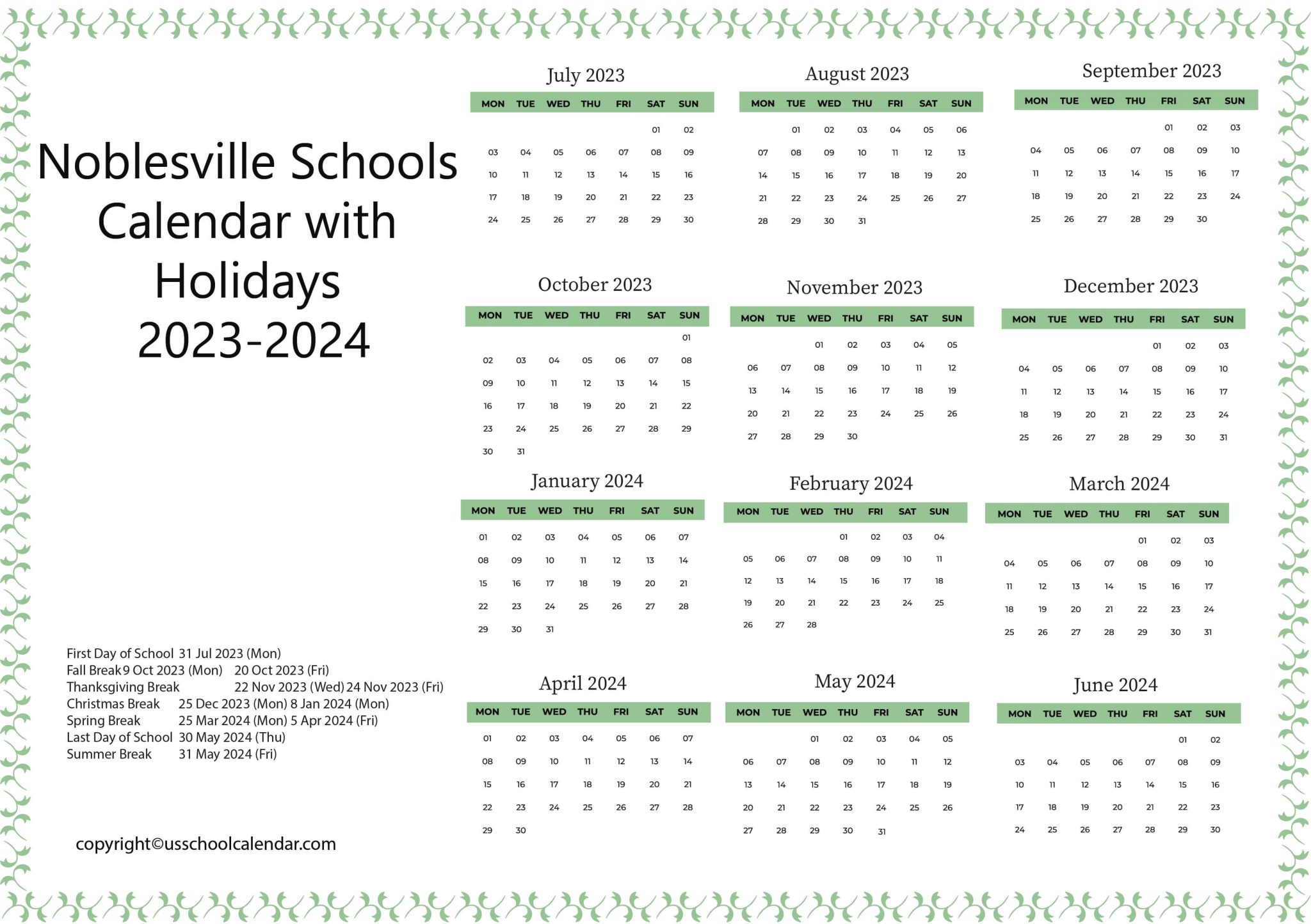 Noblesville Schools Calendar with Holidays 20232024