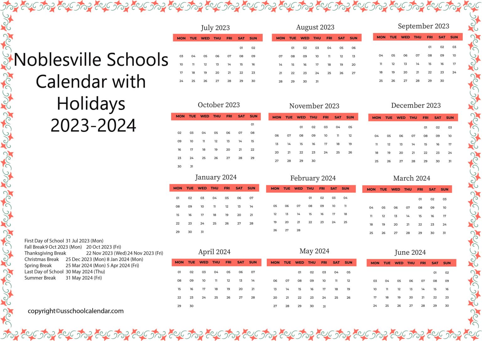 Noblesville Schools Calendar with Holidays 20232024