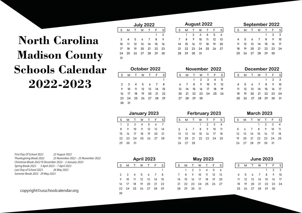 North Carolina Madison County Schools Calendar 2022-2023