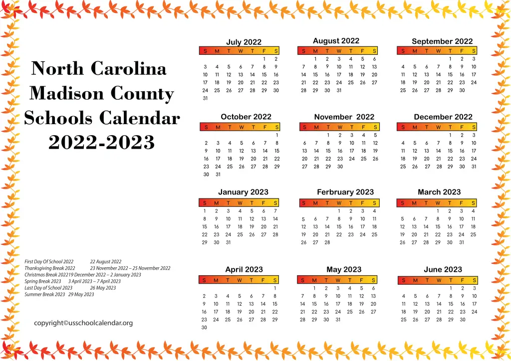 North Carolina Madison County Schools Calendar 2022-2023 2