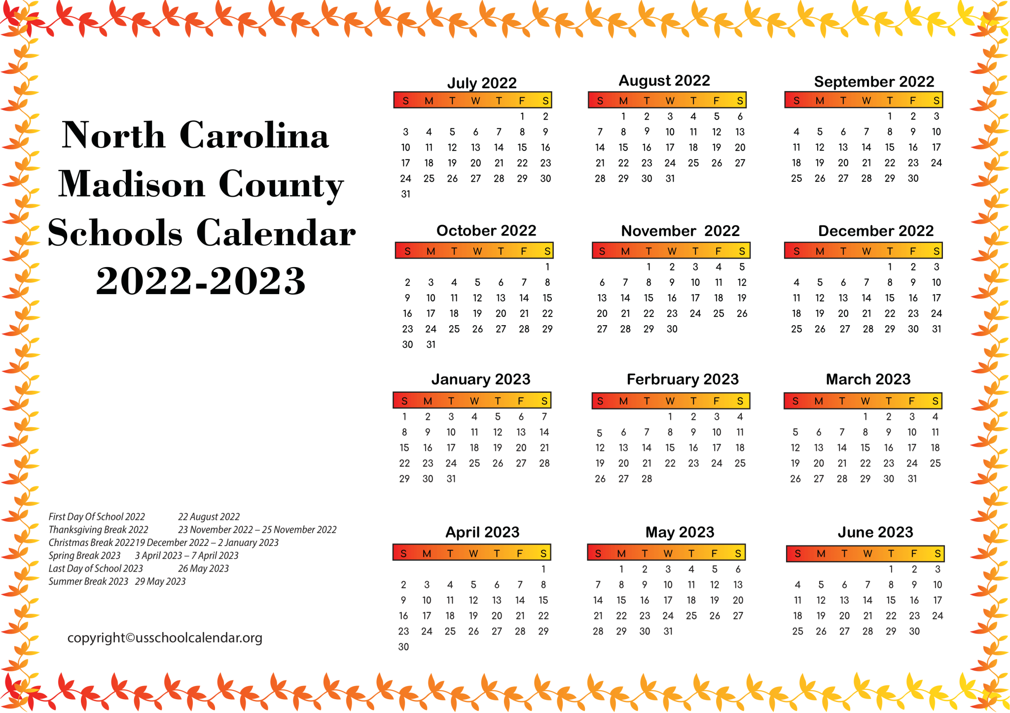 North Carolina Madison County Schools Calendar 20222023