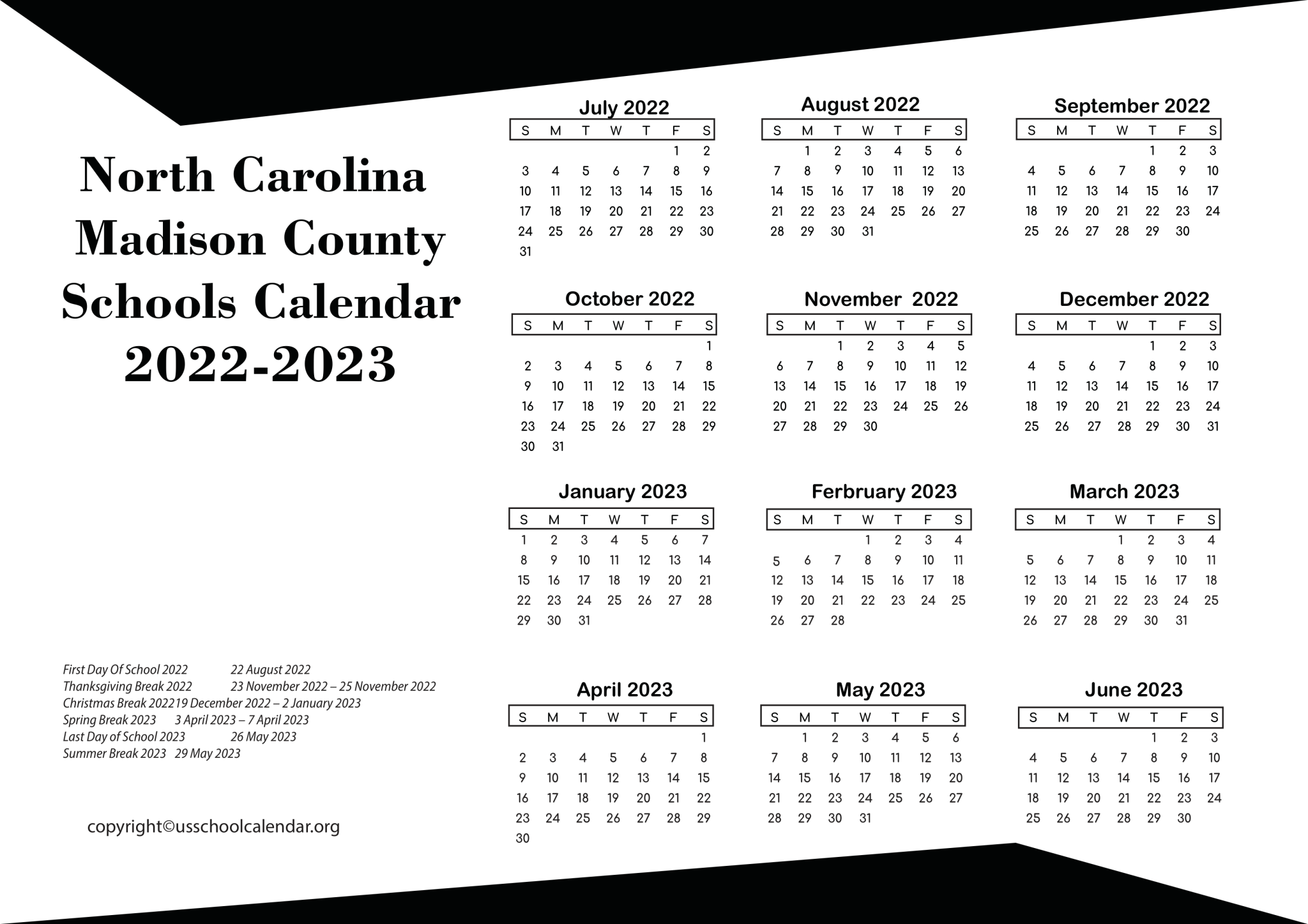 North Carolina Madison County Schools Calendar 20222023