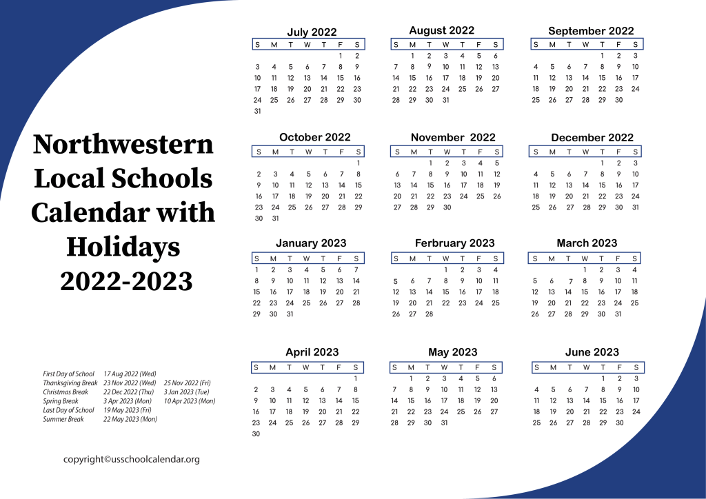 Northwestern Local Schools Calendar with Holidays 2022-2023