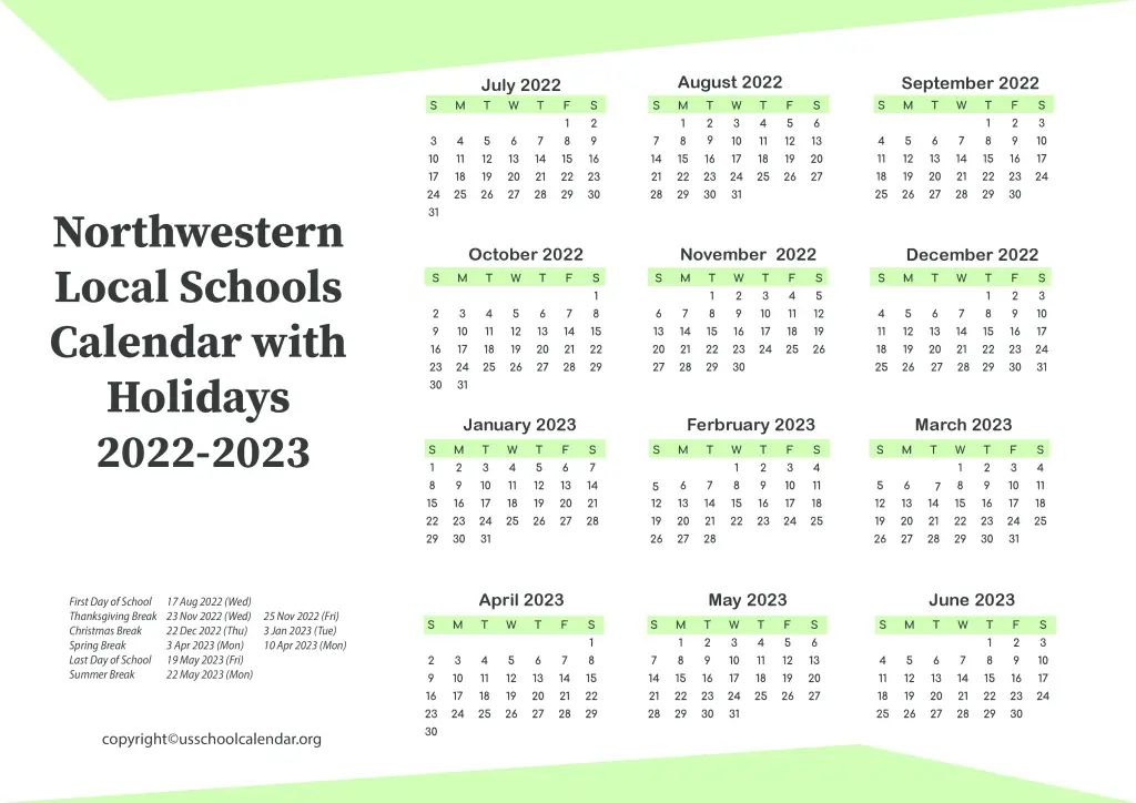Northwestern Local Schools Calendar with Holidays 2022-2023 2