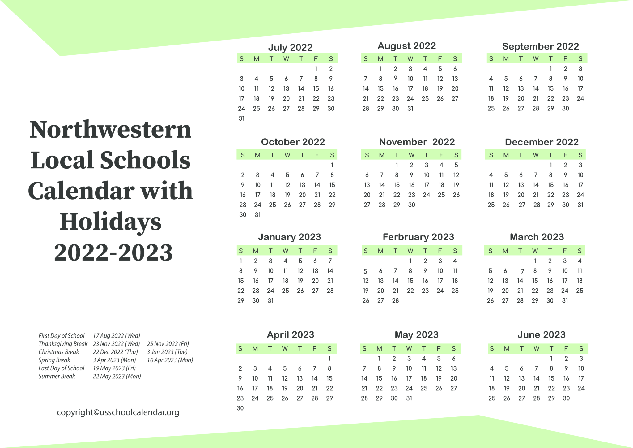 Northwestern Local Schools Calendar with Holidays 20222023