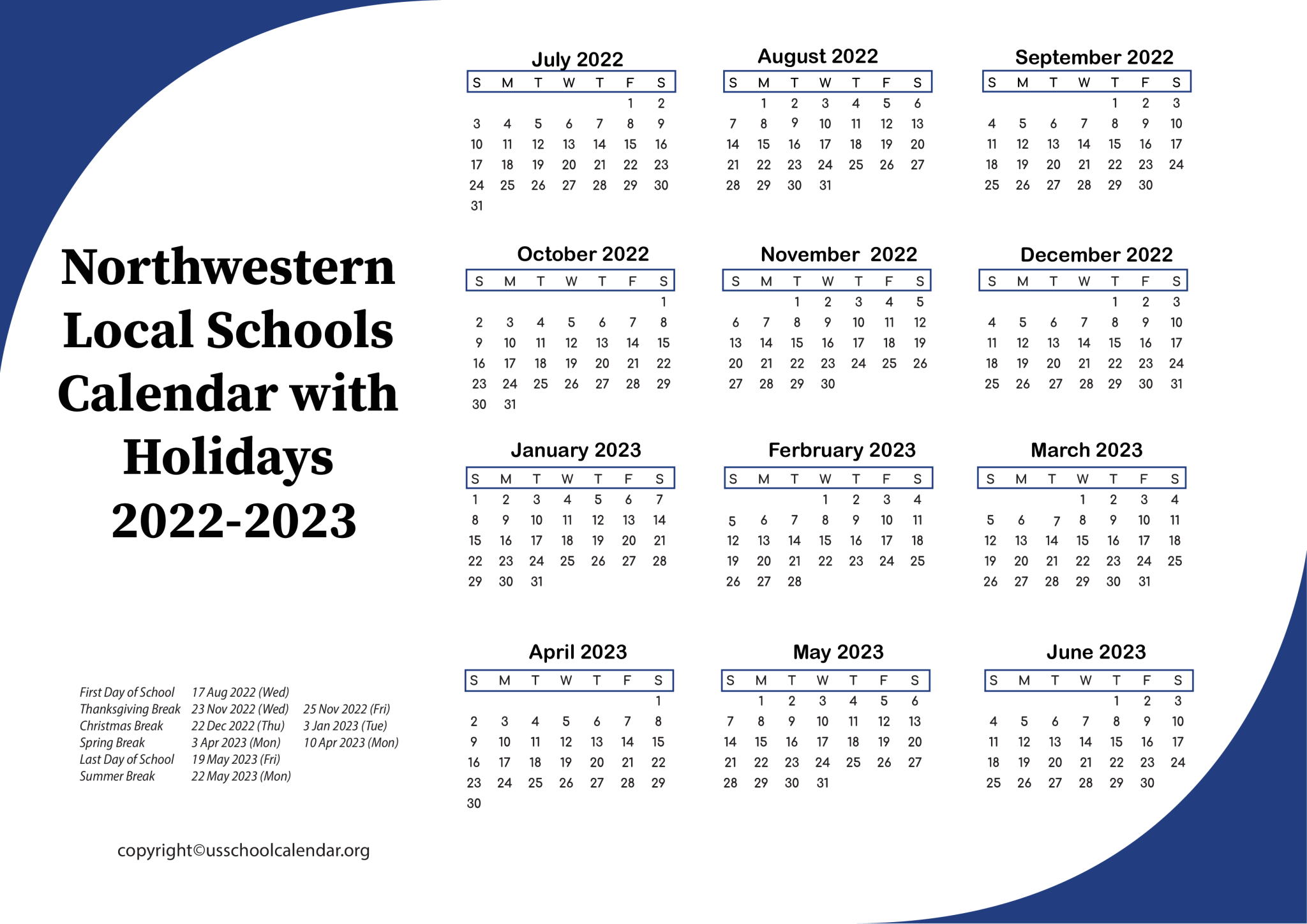 Northwestern Local Schools Calendar with Holidays 20222023