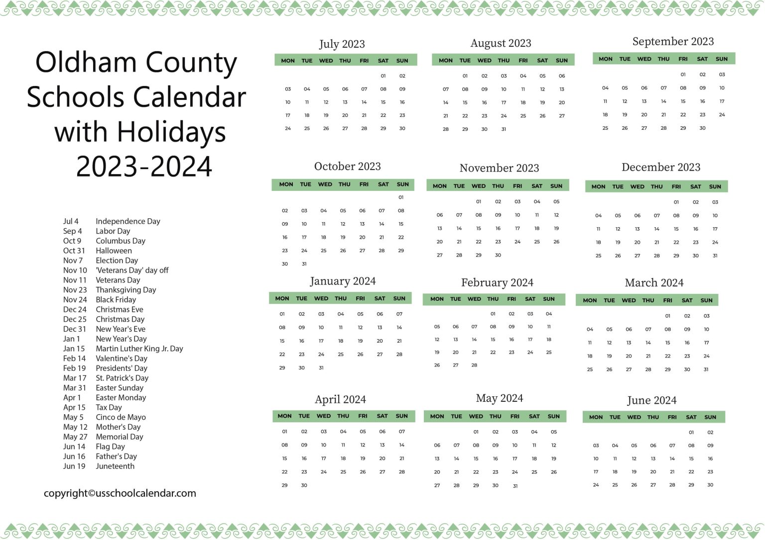 Oldham County Schools Calendar with Holidays 20232024