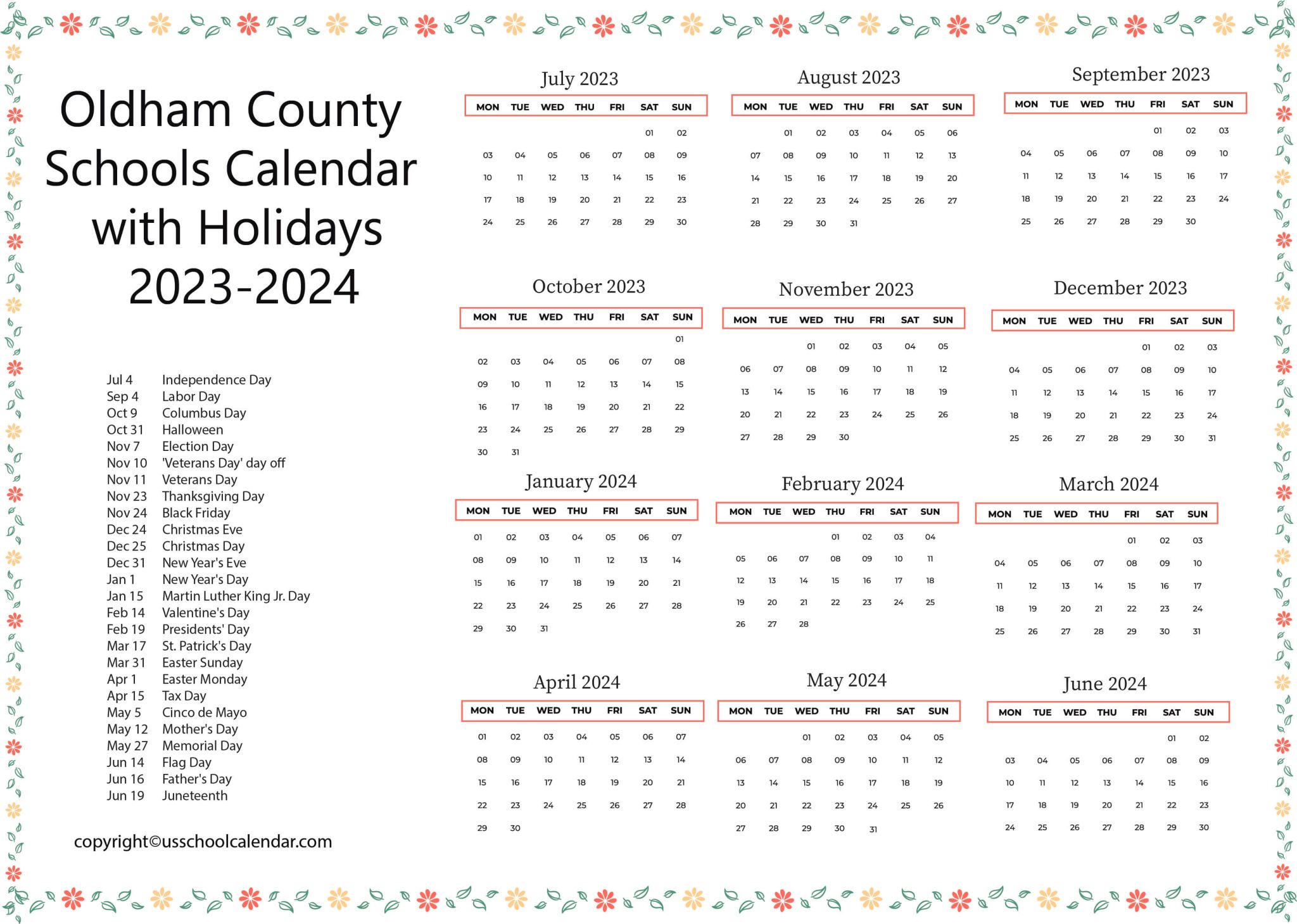 Oldham County Schools Calendar with Holidays 2023 2024
