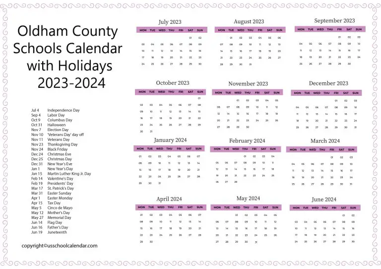 Oldham County Schools Calendar with Holidays 2023-2024