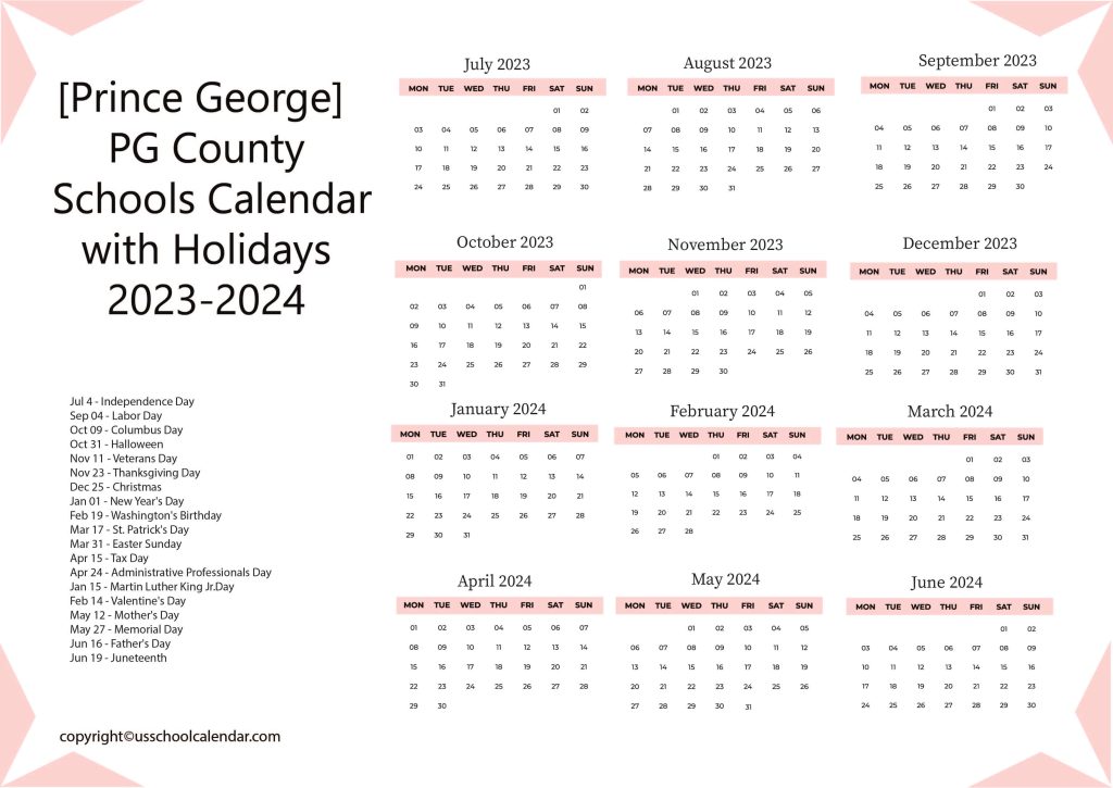 PG County Schools Calendar