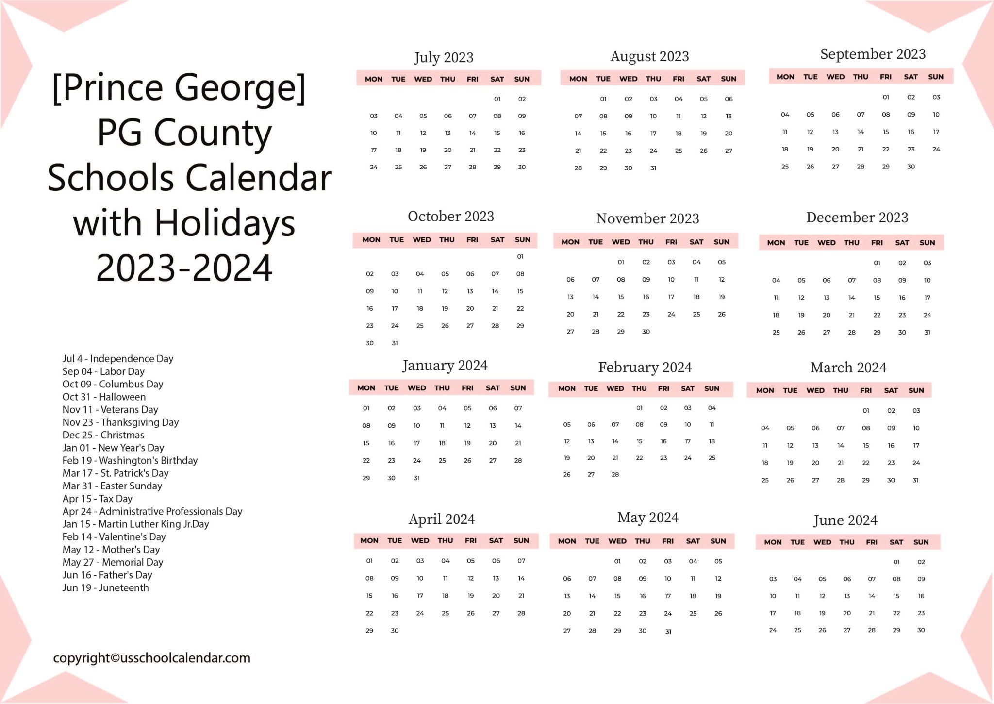 [Prince PG County Schools Calendar Holidays 20232024