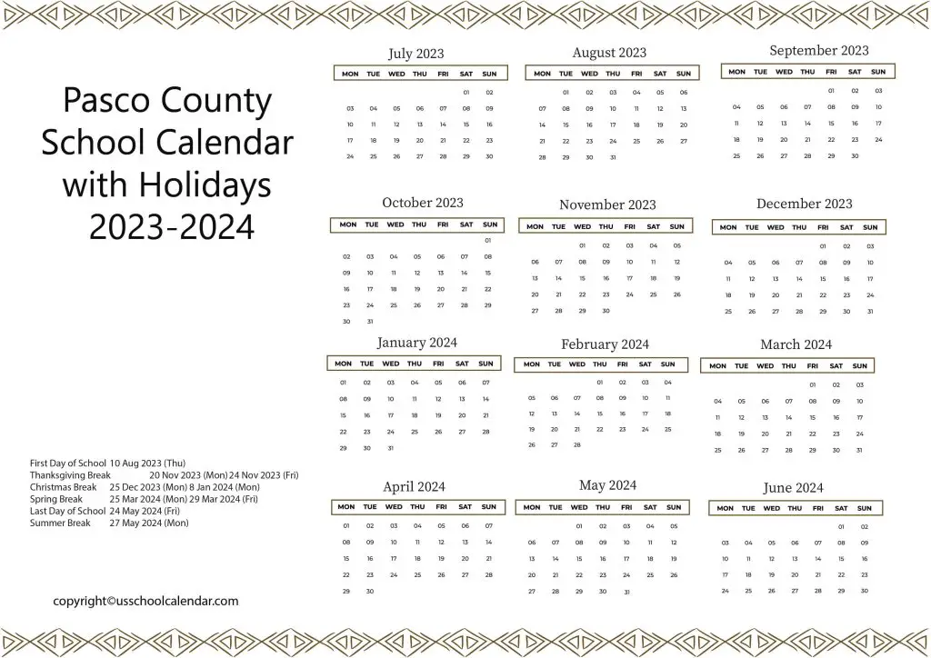 Pasco County School Calendar