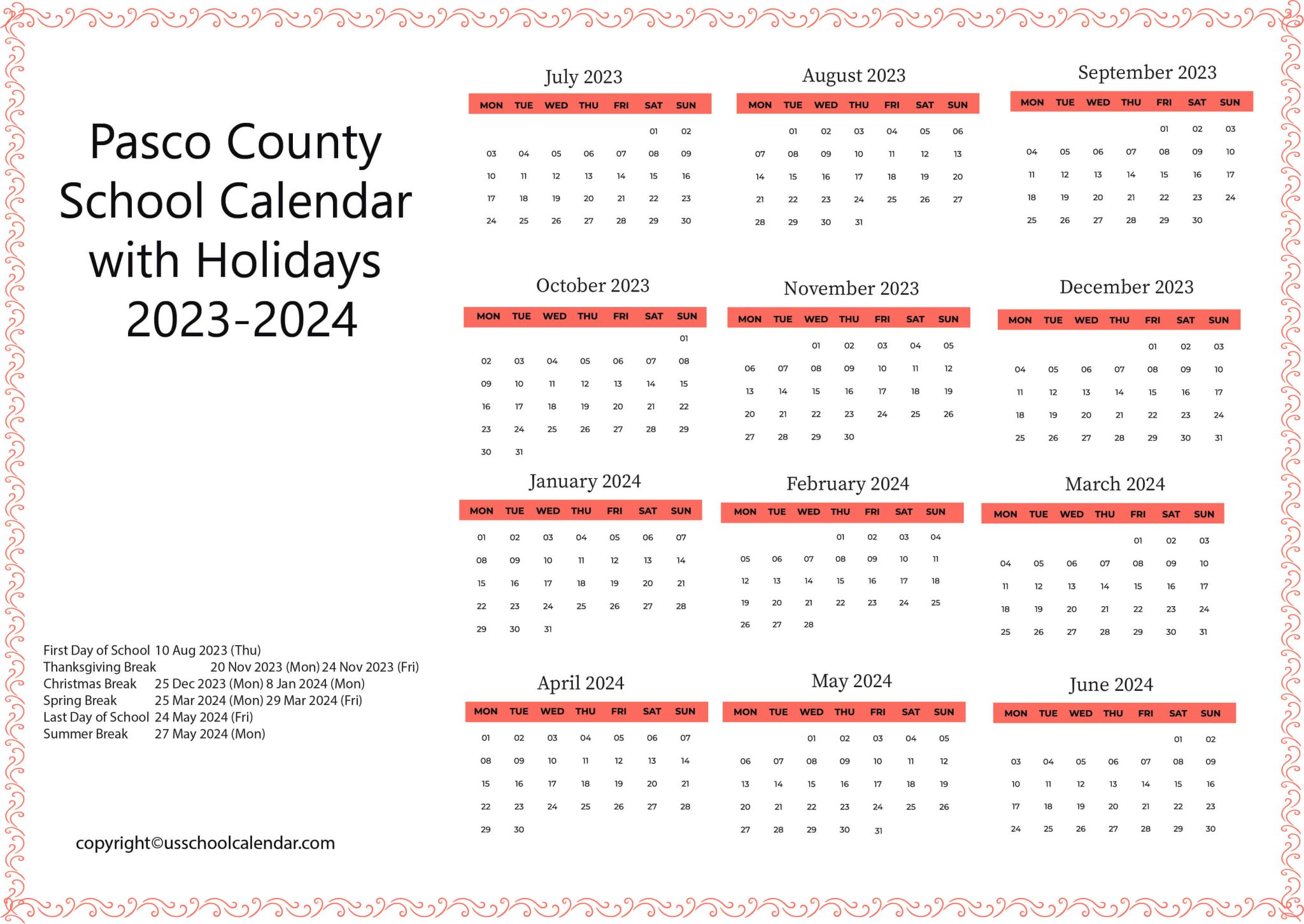 Pasco County School Calendar with Holidays 20232024