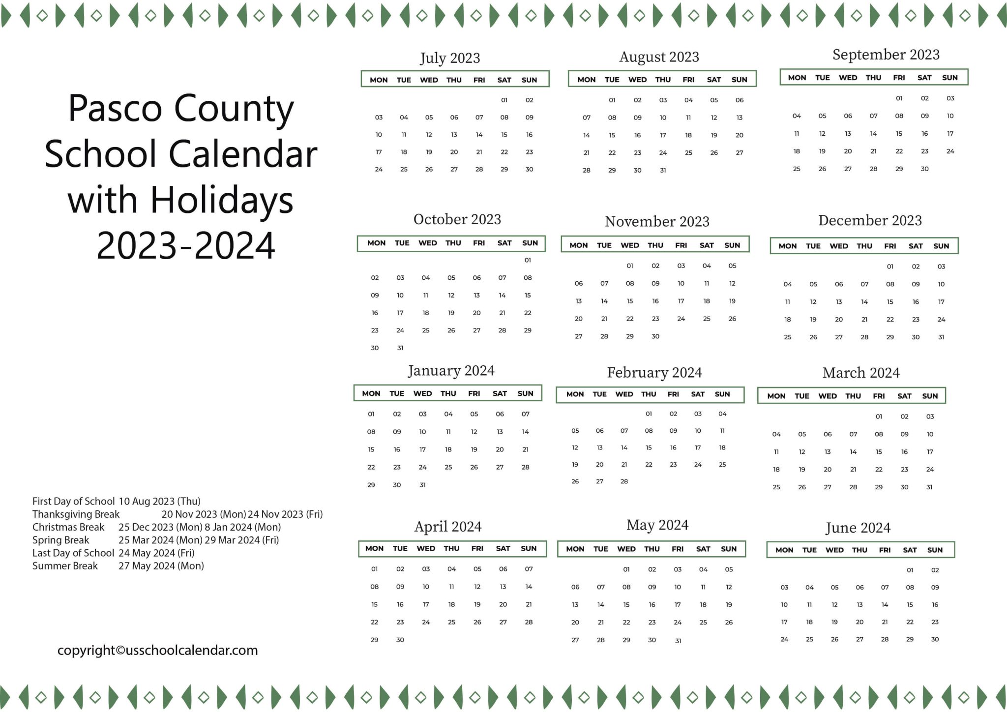 Pasco County School Calendar with Holidays 2023-2024